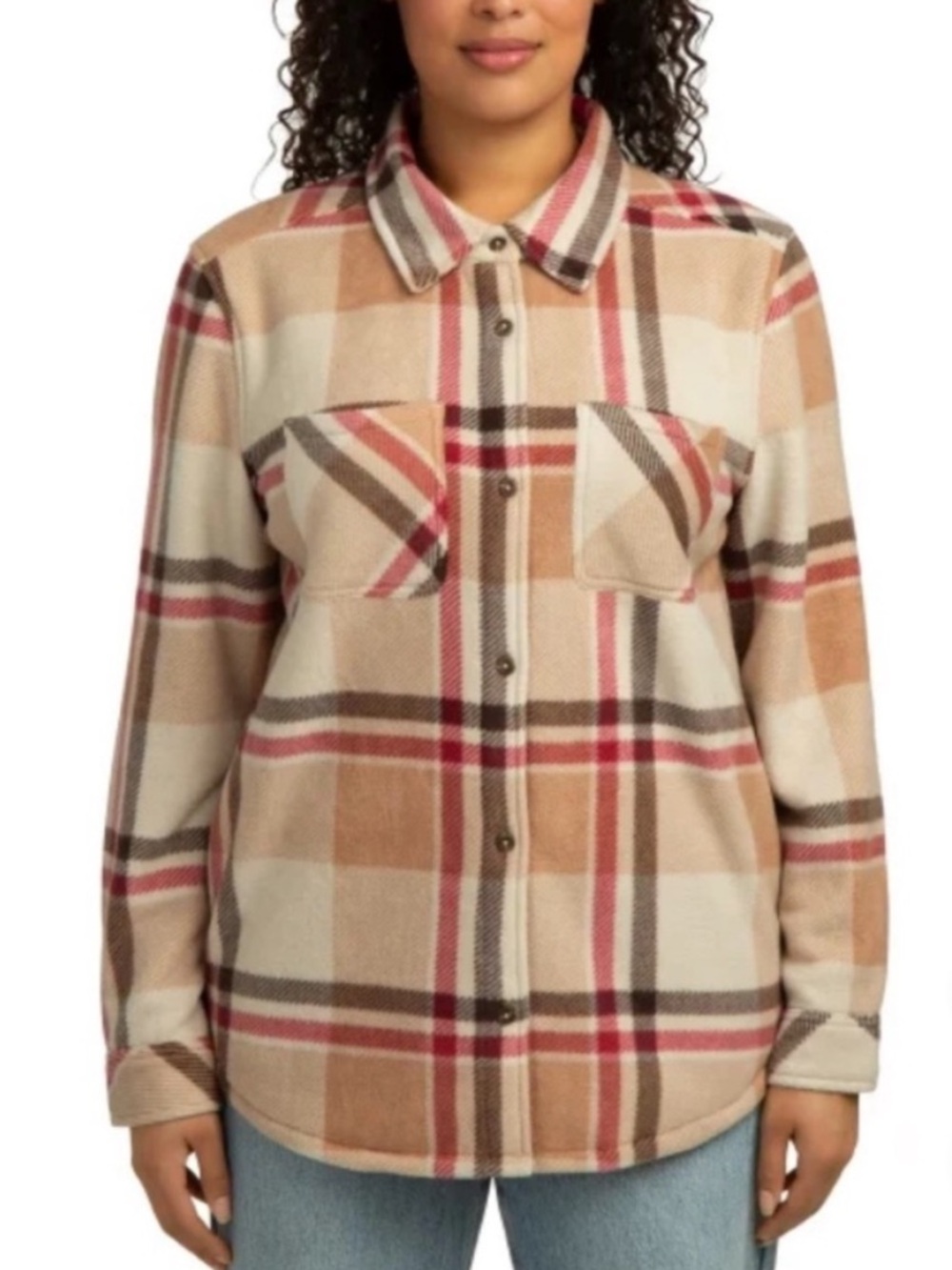 NWT Realtree Women's Plaid Bonded Fleece Shirt Jacket - Tan and Red Size Small